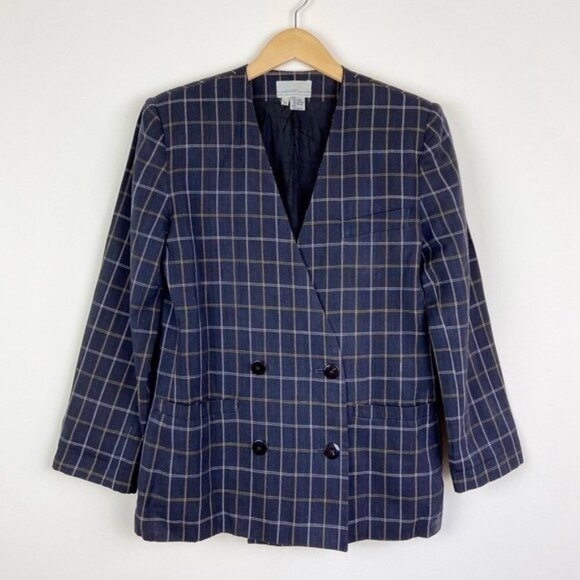 Vintage 90's Linen-Blend Plaid Double Breasted Blazer - Picture 8 of 13